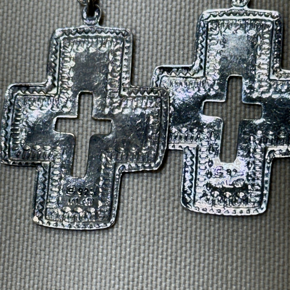 Sterling Silver 925 Thailand Double Cross Dangle Drop Earrings Stamped Etched - Picture 5 of 9